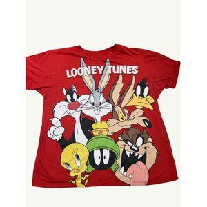 Vintage Looney Tunes Red Graphic T-Shirt Featuring Iconic Cartoon Characters